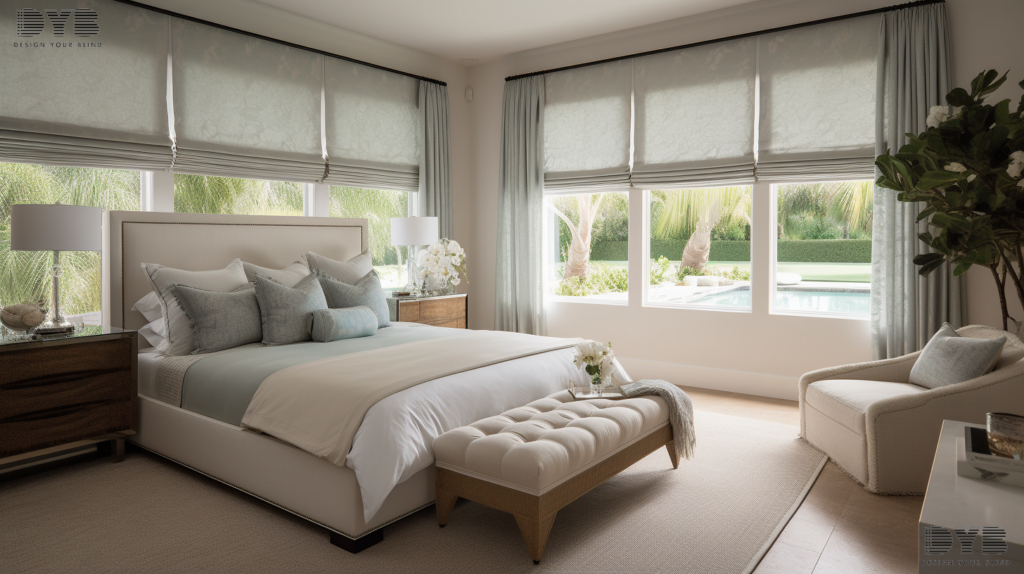 A bedroom in Boca Raton with Roman Shades.