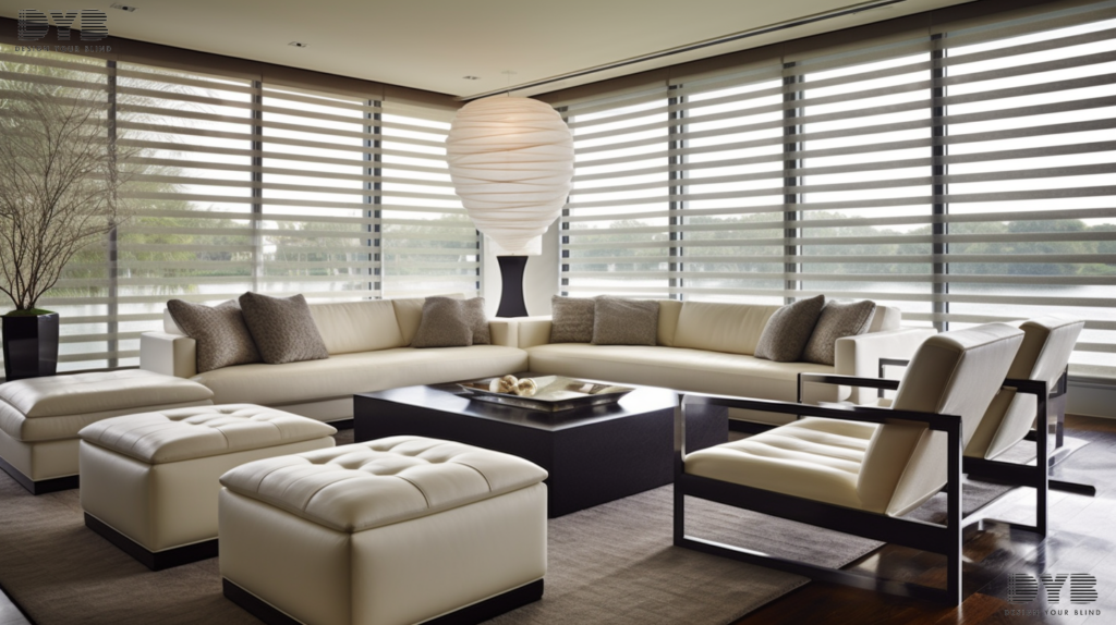A family room in Boca Raton with Zebra Shades on a lake view.