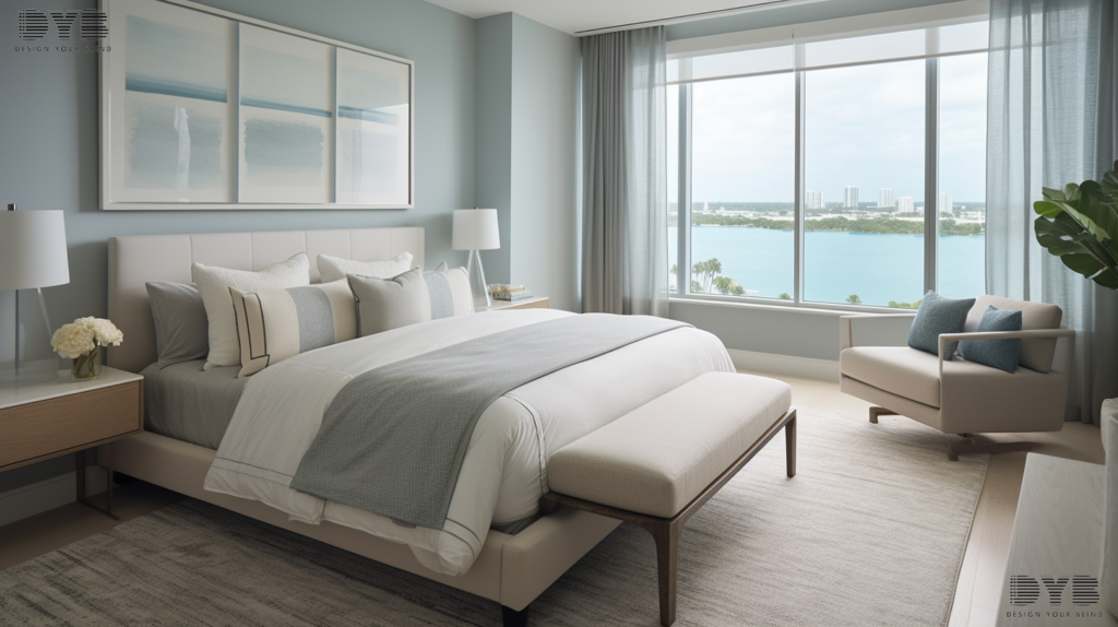 Minimalist bedroom in West Palm Beach, Florida, with Roller Shades, a Crate & Barrel bed, and Intercoastal Waterway views.