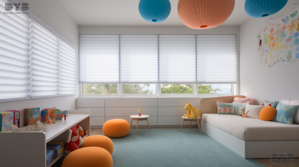 A kids' bedroom in Boca Raton, Florida, with a birds-eye view of the ocean, featuring Honeycomb Shades