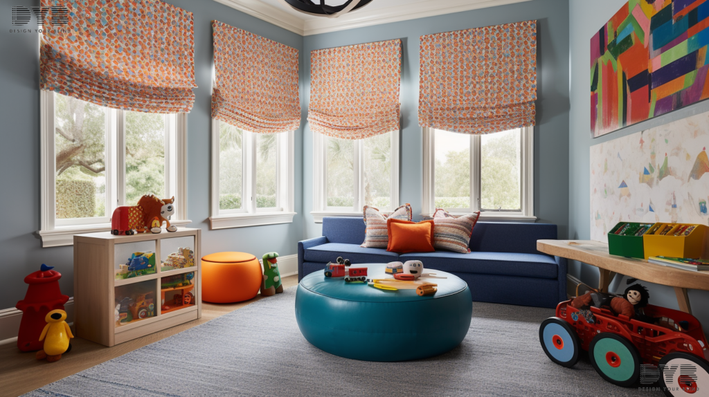 A playroom in Boca Raton, FL, with a view of the golf course, showcasing Roman Shades with a textured fabric