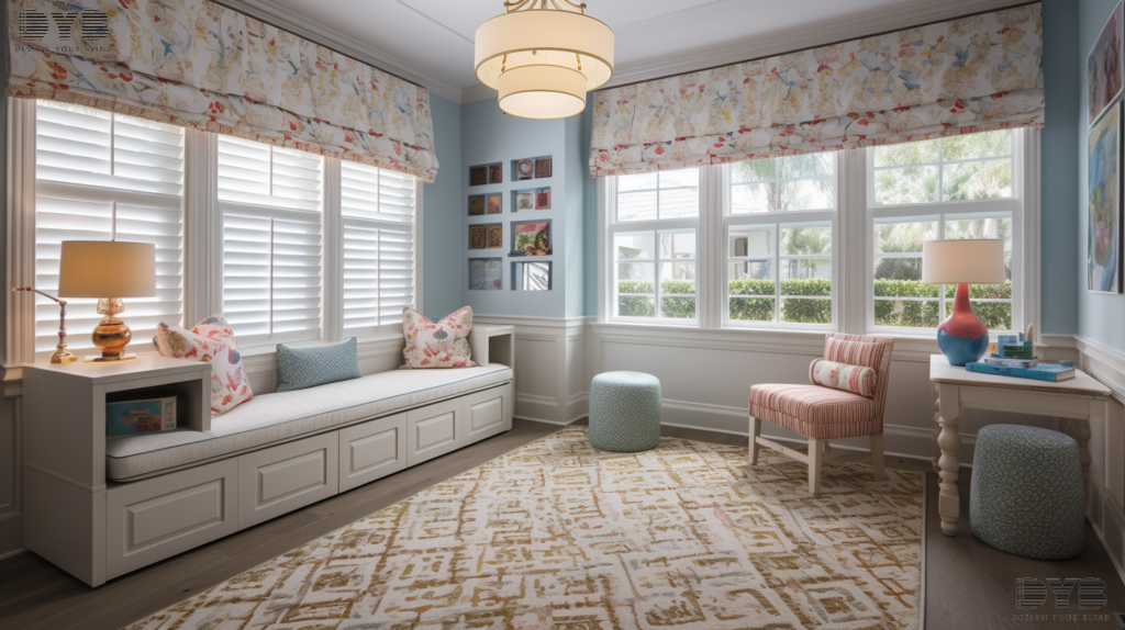 A playroom in Boca Raton, FL, with a view of the Intercoastal Waterway, showcasing Roman Shades with a Paisley fabric