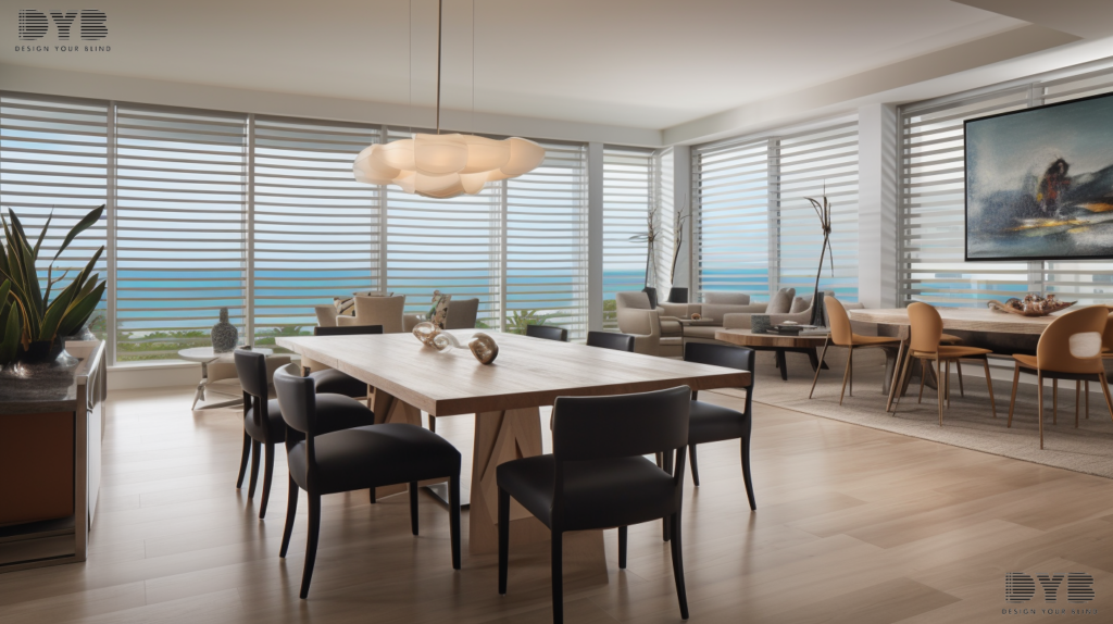 A casual dining room in Boca Raton, FL, with a view of the ocean, showcasing Silhouette Shades