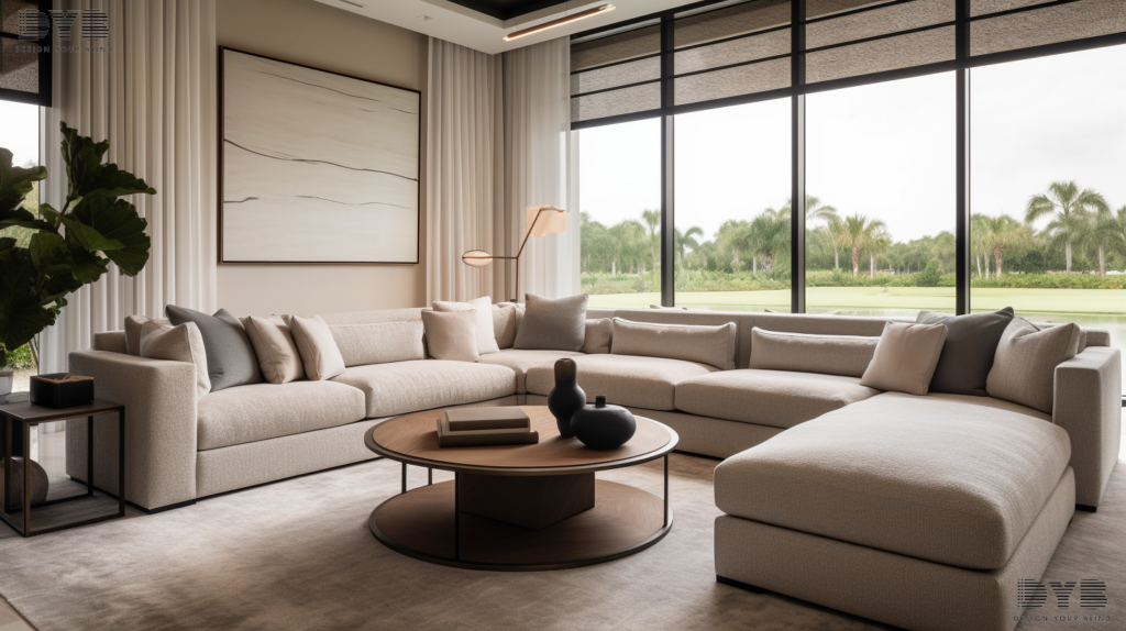 A formal living room in Boynton Beach, FL, featuring Motorized Roller Shades, a plush sectional sofa, and a view of a golf course