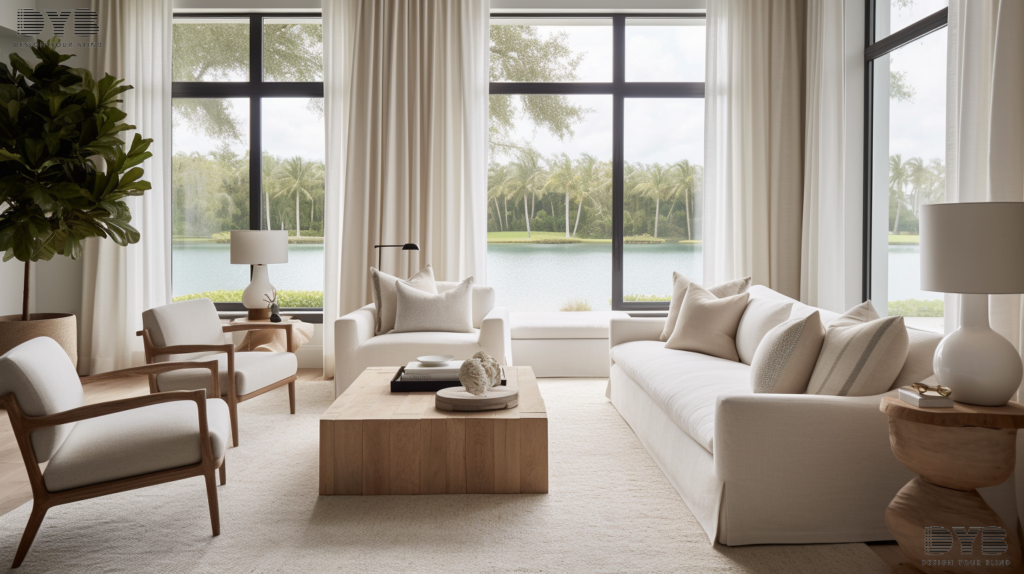 Sheer curtains in a Farmhouse Modern living room in Palm Beach Gardens, FL