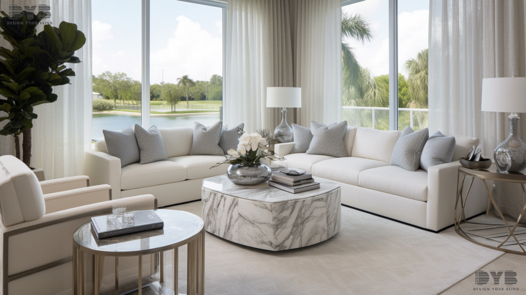 Sheer curtains in a coastal living room in Palm Beach Gardens, FL