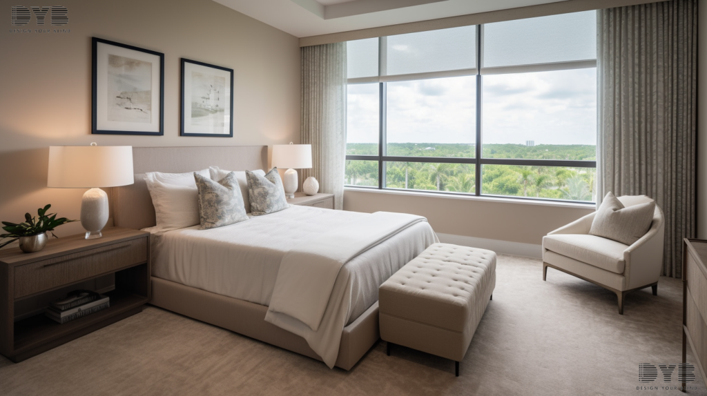 A guest bedroom in Boynton Beach, Florida, with Motorized Roller Shades, a cozy bed, and a view of the backyard
