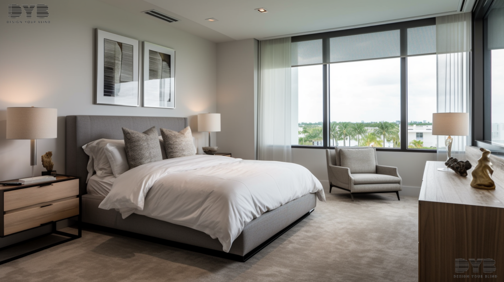 A modern master bedroom in Boynton Beach, Florida, with Motorized Roller Shades, a luxurious king-sized bed, and a view of a canal