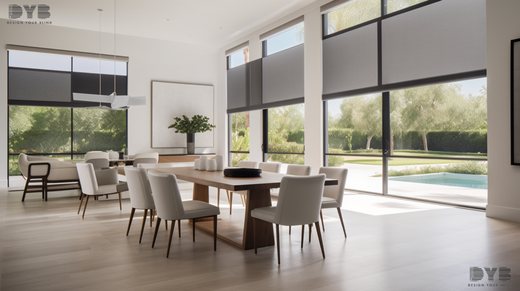 A minimalist dining room in Boynton Beach, Florida, with Motorized Roller Shades, a sleek dining table, and a view of a golf course