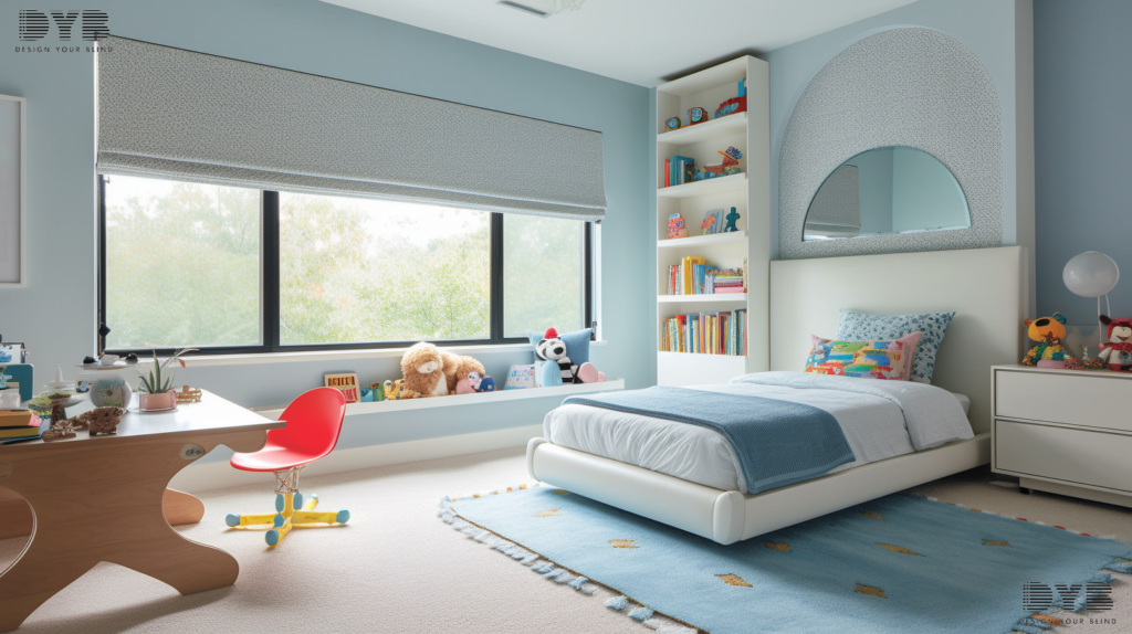 A kids bedroom in Boynton Beach, Florida, with Motorized Roller Shades, a comfortable bed, and a view of the Intercoastal Waterway