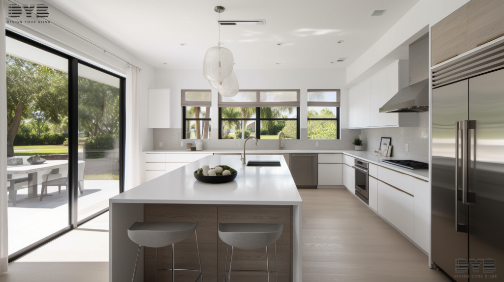 A modern kitchen with Roller Shades in Delray Beach, Florida