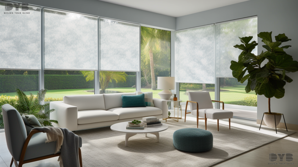 Modern living room in West Palm Beach, Florida, featuring Roller Shades, Mitchell Gold + Bob Williams furniture, and a backyard pool view.