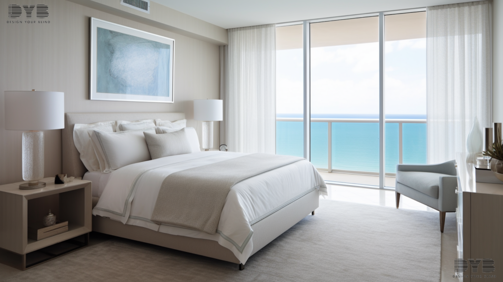 Guest bedroom in West Palm Beach, Florida, featuring urban modern decor, Roller Shades, and stunning ocean views.