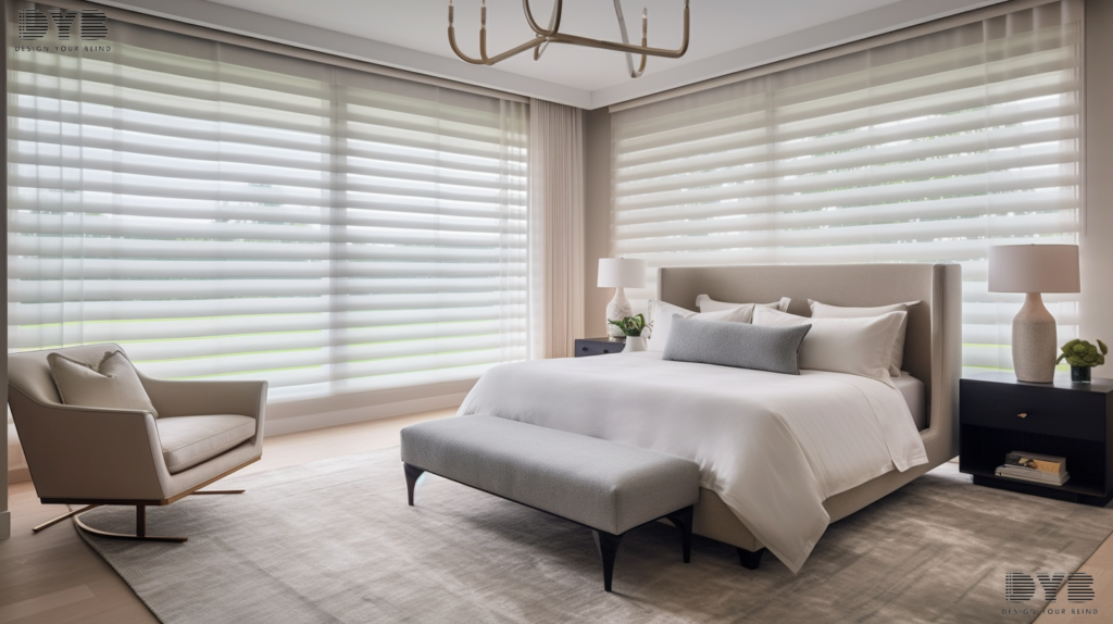 A serene master bedroom with Silhouette Shades in West Palm Beach, Florida