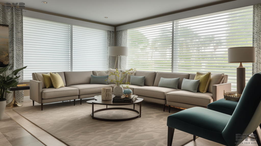 Pirouette Shades in a Delray Beach family room, offering a stylish and functional way to enjoy natural light