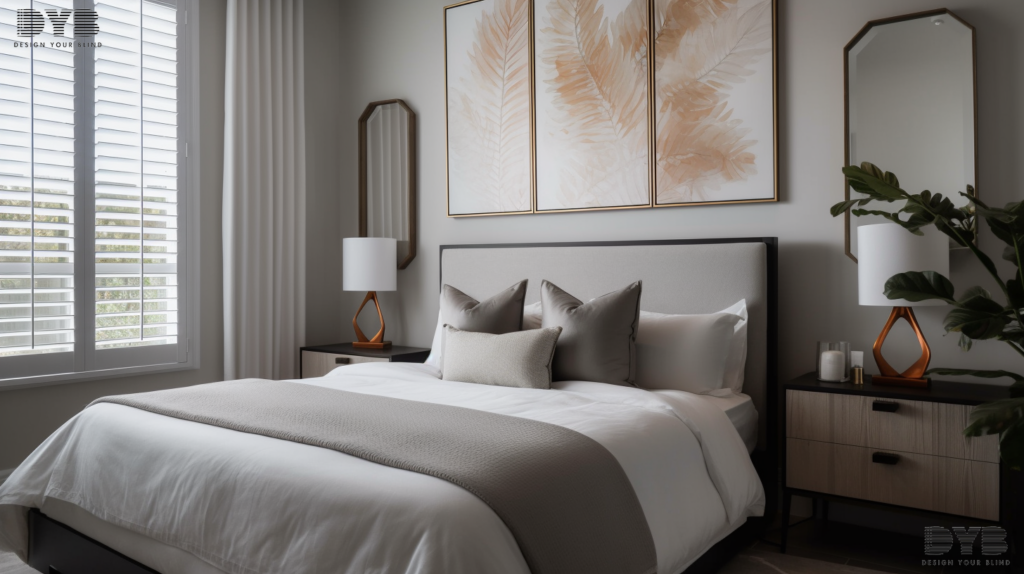 Plantation Shutters in a Delray Beach bedroom, offering light control and a modern aesthetic.