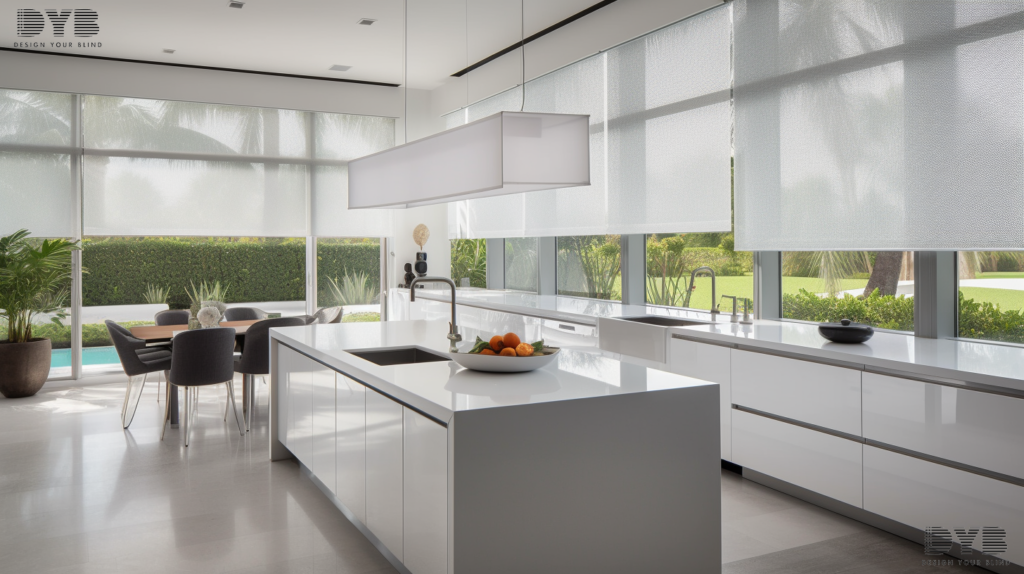 Screen Roller Shades in a modern minimalist kitchen in Palm Beach Gardens, FL