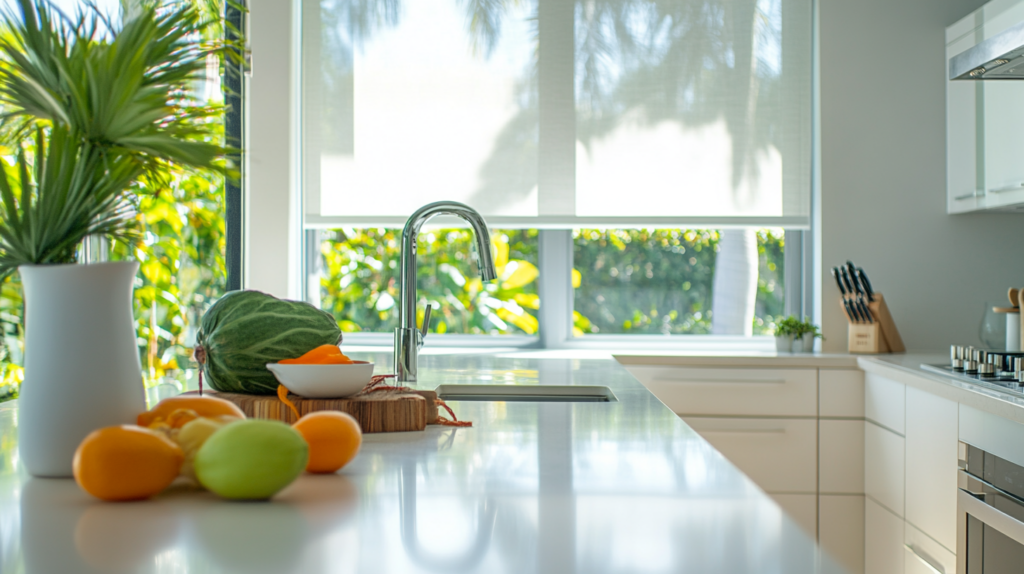 Bright kitchen in Boynton Beach, FL, featuring Motorized Hunter Douglas Solar Shades on large windows with garden views.
