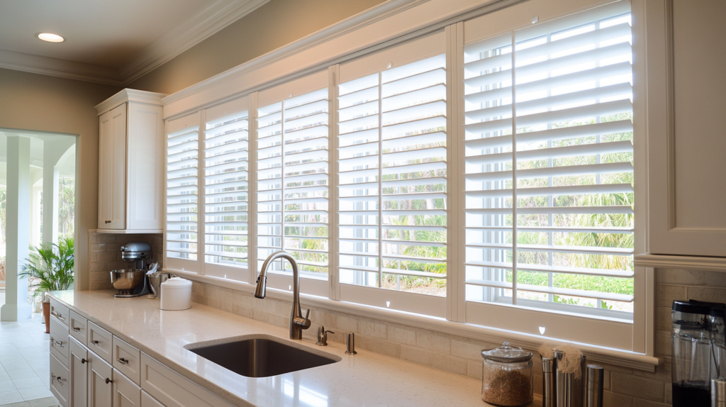 Bright kitchen in West Palm Beach with plantation shutters above the sink, designed for humid environments.