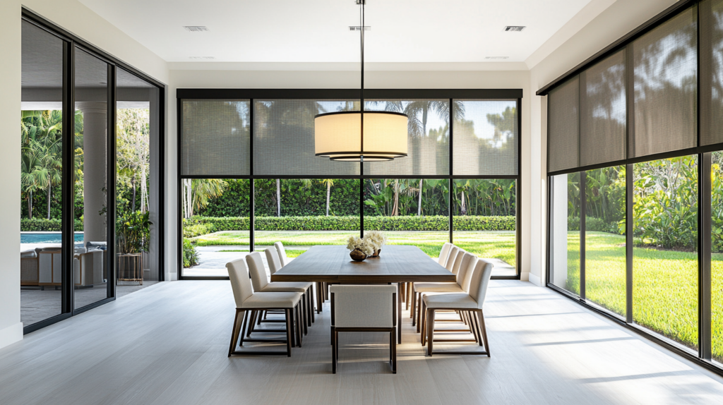 Contemporary dining room in West Palm Beach, FL, with Motorized Hunter Douglas Solar Shades on large windows facing a backyard.