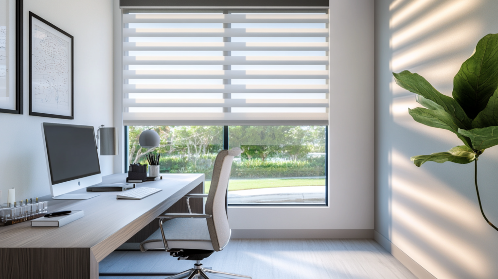 Contemporary home office in Boca Raton with motorized Zebra Shades for optimal light control.