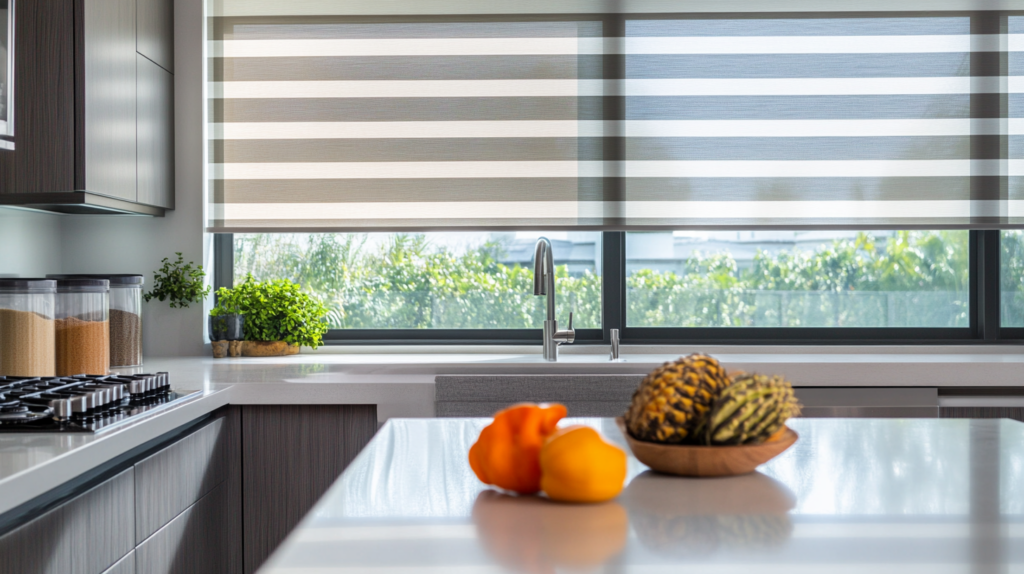 Contemporary kitchen in Delray Beach featuring motorized Zebra Shades for light control and privacy.