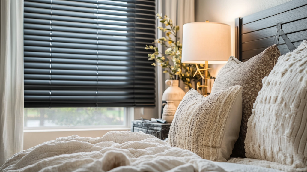 Cozy guest bedroom in Boca Raton featuring black ash aluminum blinds on a small window for light control.