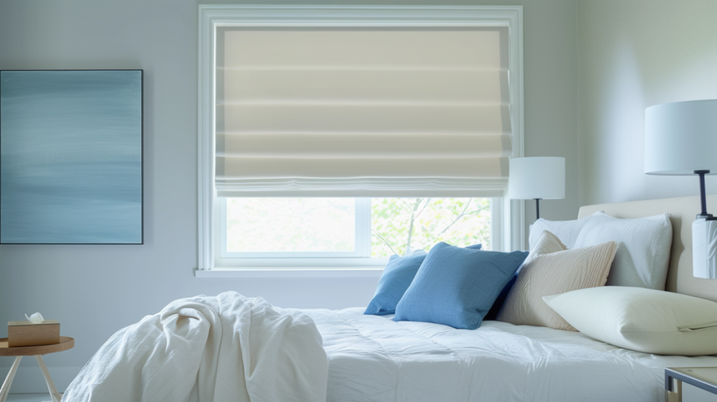 Cozy guest bedroom in Delray Beach with cream blackout Roman Shades featuring edge banding for a restful ambiance.