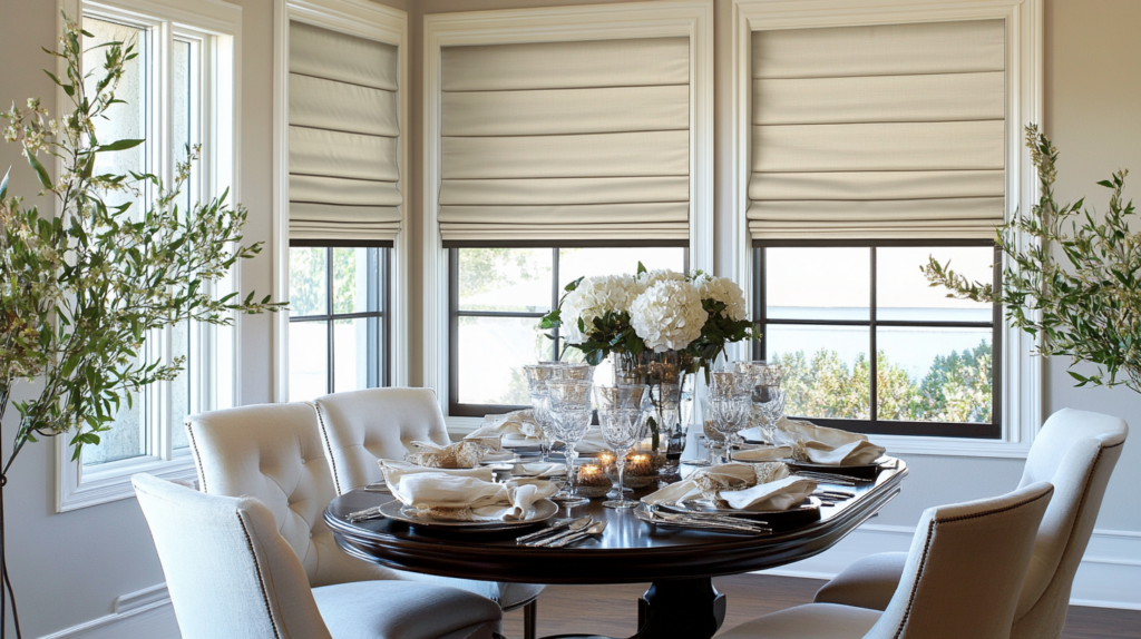 Sophisticated dining room in Boca Raton featuring hobbled Roman Shades for added texture and elegance.