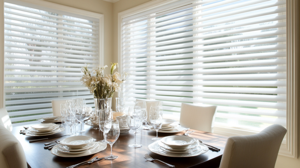 Dining room in Boca Raton with white 2-inch horizontal wood blinds providing light control and privacy.
