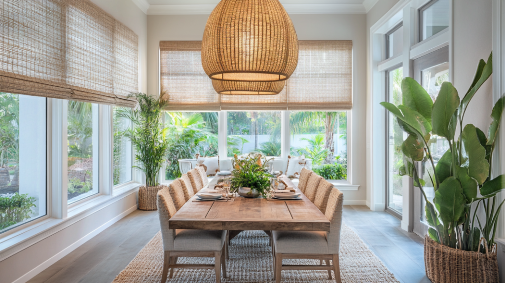 Elegant dining room in Boca Raton featuring natural tone woven wood shades on wide windows for warmth and texture.