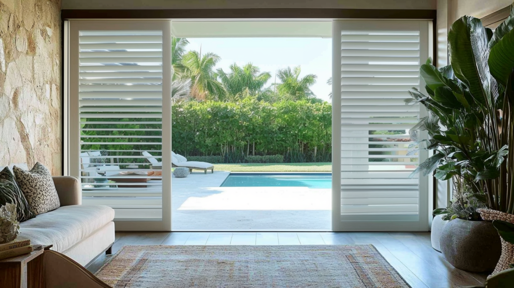 Family den in Delray Beach featuring open-louver plantation shutters on large windows with a view of the backyard pool.