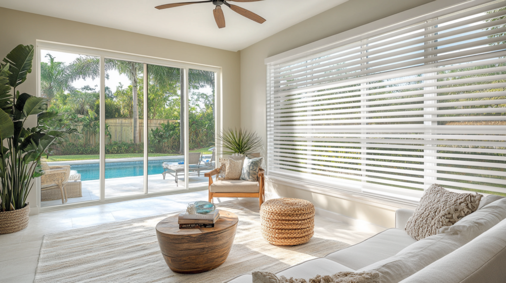 Family den in Boca Raton with white 2-inch horizontal wood blinds on a window overlooking the pool.