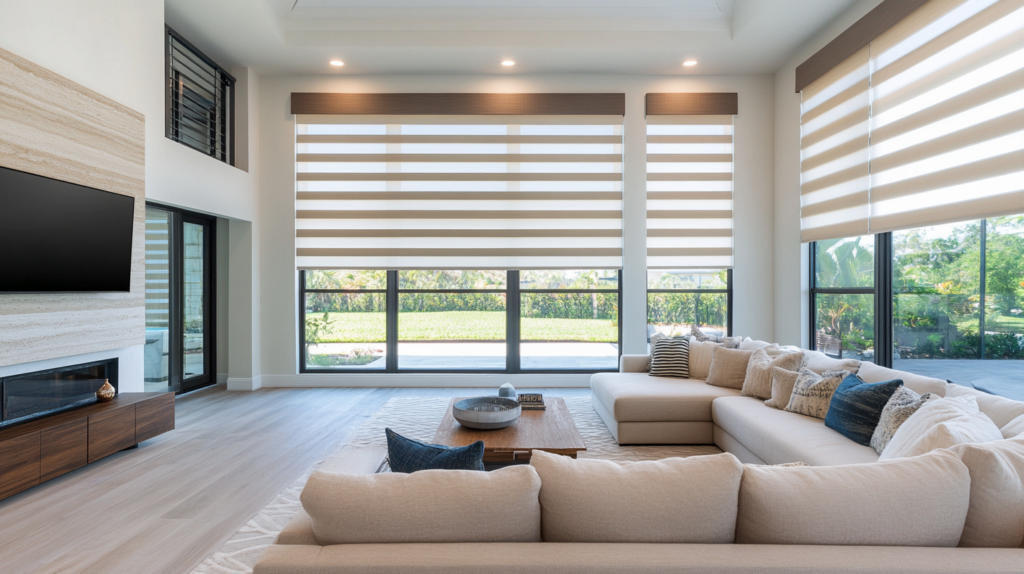 Spacious family room in Delray Beach with motorized Zebra Shades for flexible light control.