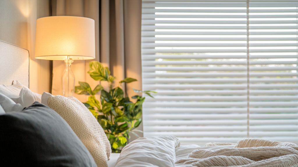 Guest bedroom in Boca Raton featuring 2-inch white horizontal wood blinds for light control and contrast.