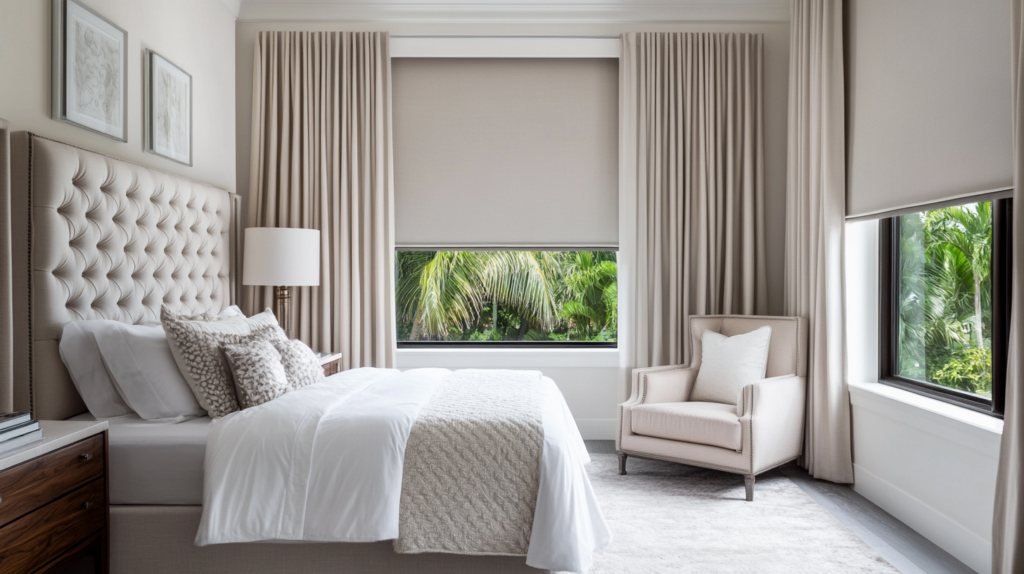 Guest bedroom in Delray Beach, FL, featuring motorized blackout roller shades for darkness and privacy.