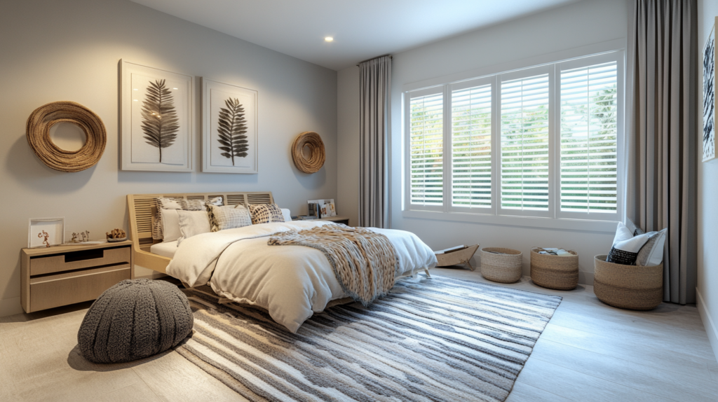 Guest room in Boca Raton featuring plantation shutters on wide windows for light control and privacy.