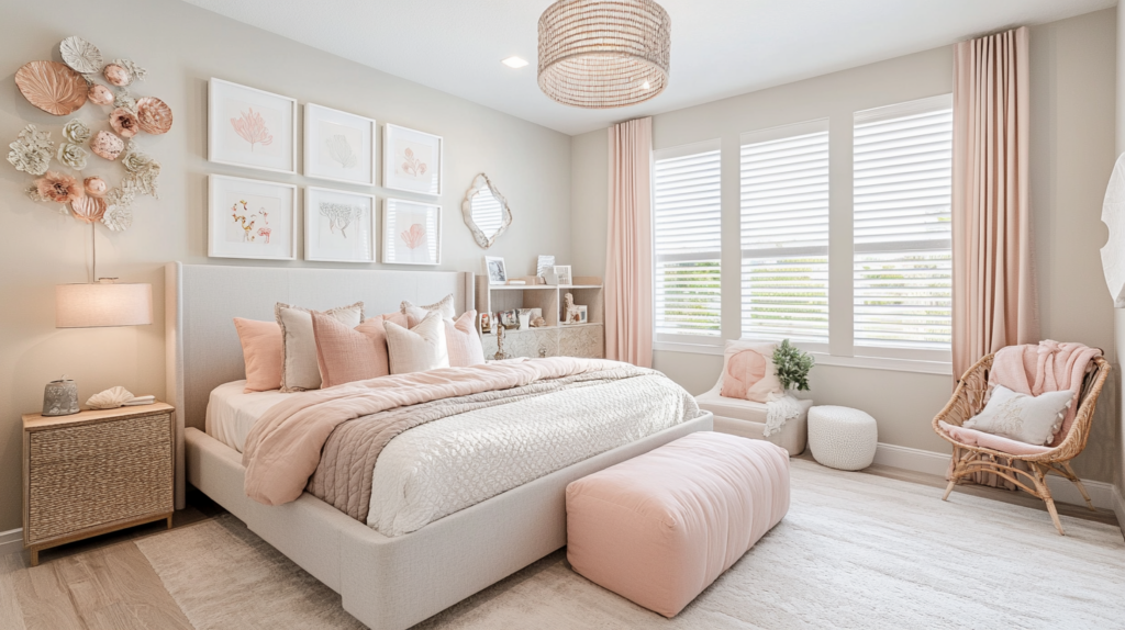 Guest room in West Palm Beach with plantation shutters covering a large window for light control.