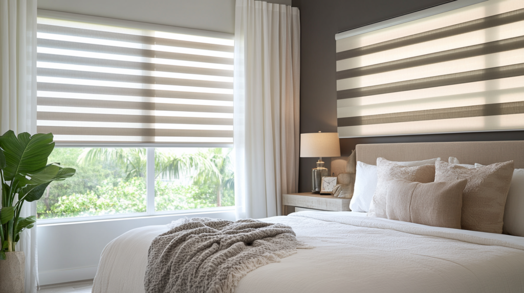 Luxurious master bedroom in Delray Beach featuring motorized Zebra Shades for a serene ambiance.