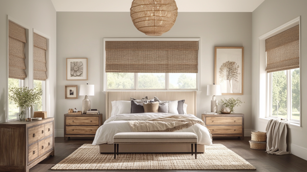 Master bedroom in Boynton Beach featuring blackout woven wood shades in a natural tone for complete light control.