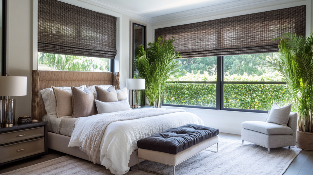Master bedroom in Boynton Beach featuring motorized woven wood shades in a black wood tone for elegant, convenient light control.