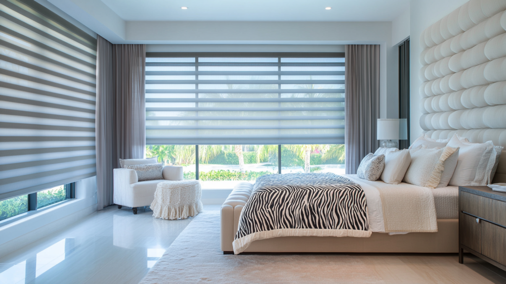 Serene master bedroom in Parkland featuring motorized Zebra Shades for versatile light control.