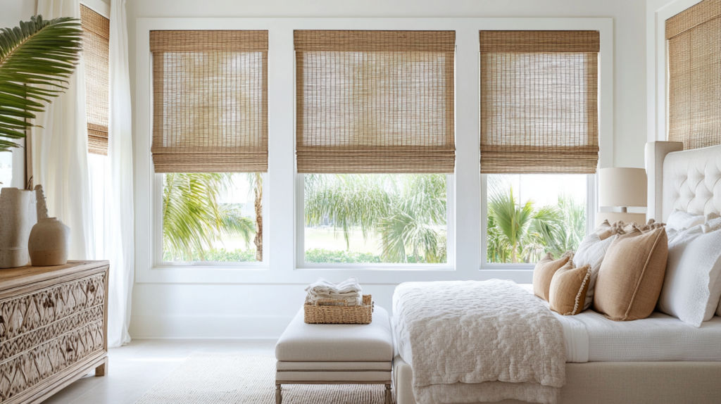 Master bedroom in Boynton Beach featuring natural tone woven wood shades on expansive windows for a warm ambiance.