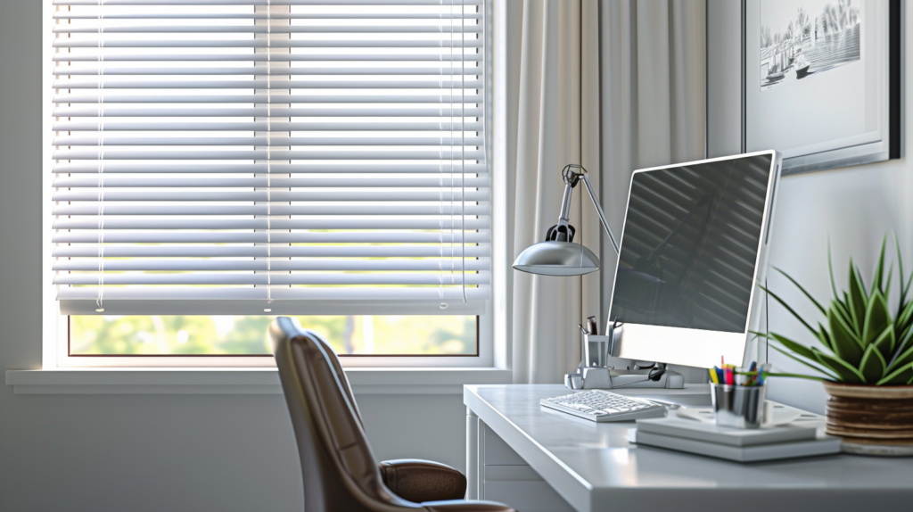 Modern home office in Boca Raton featuring 2-inch white horizontal wood blinds for light control and privacy.