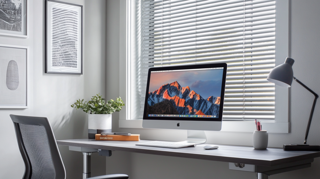 Modern home office in Boca Raton with horizontal metal mini blinds on a small window for light control.