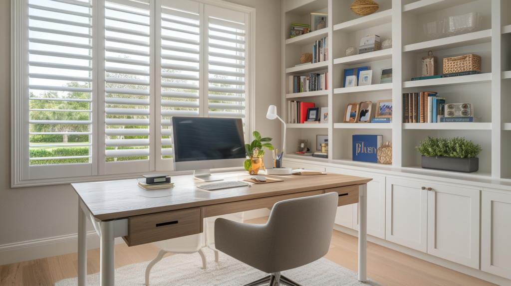 Modern home office in Boca Raton featuring motorized light wood-tone plantation shutters on square windows with Restoration Hardware furniture.