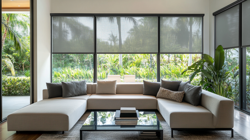 Modern living room in Boca Raton, FL, with partially closed Motorized Solar Shades filtering natural light.