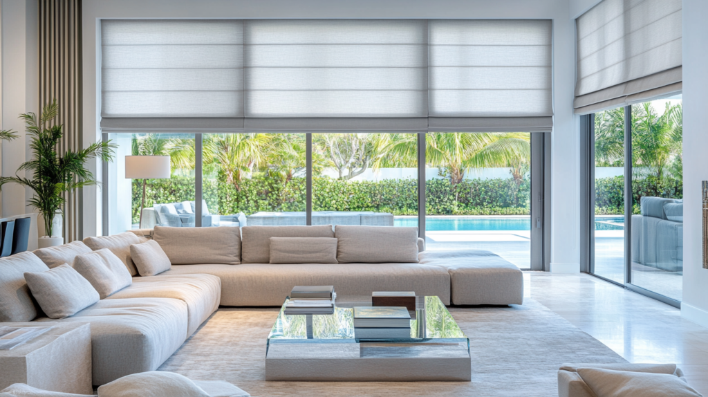 Modern living room in Boca Raton featuring grey Motorized Roman Shades that diffuse natural light for a serene ambiance.