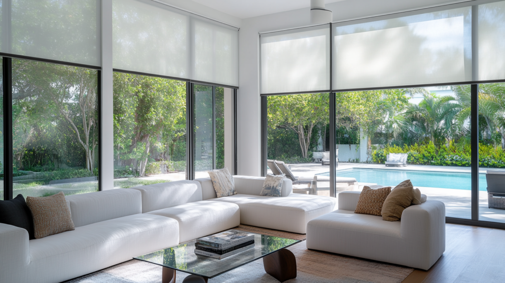 Modern living room in Boca Raton, FL, featuring motorized solar roller shades filtering sunlight with a pool and backyard view.