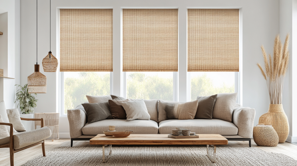 Modern living room in Boca Raton featuring motorized woven wood shades in a natural tone for flexible light control.